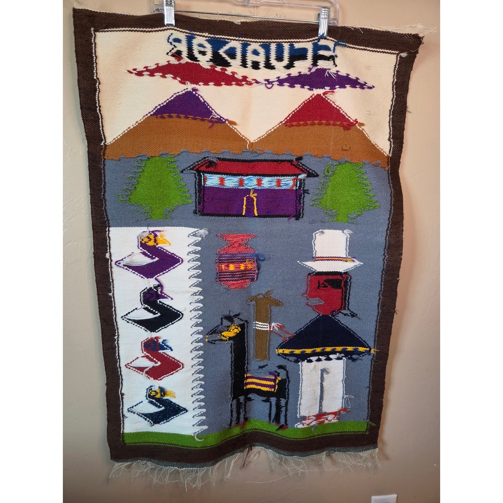 Vintage Handwoven Ecuador Wool Wall Hanging Folk Art Llama Mountain Textile - Picture 2 of 5